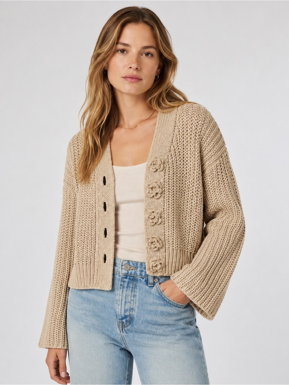 POL Beige/tan Soft Knit Floral Button Cropped Cardigan